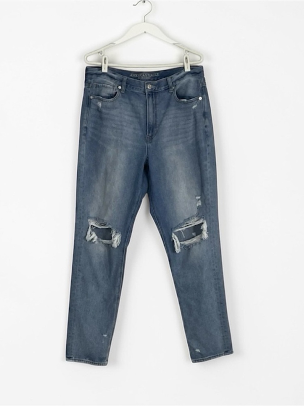 American‎ Eagle Mom Jeans Hi Rise Straight Destroyed Faded Size 14 X-long Tall